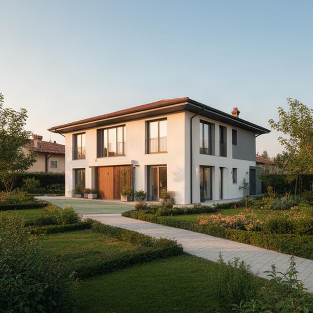 Facciata moderna di una casa completata con giardino nel territorio veneto