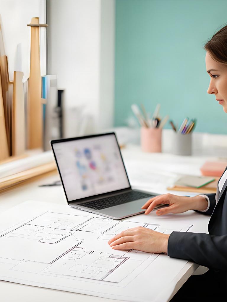 Architetta al lavoro su una planimetria digitale in uno studio professionale