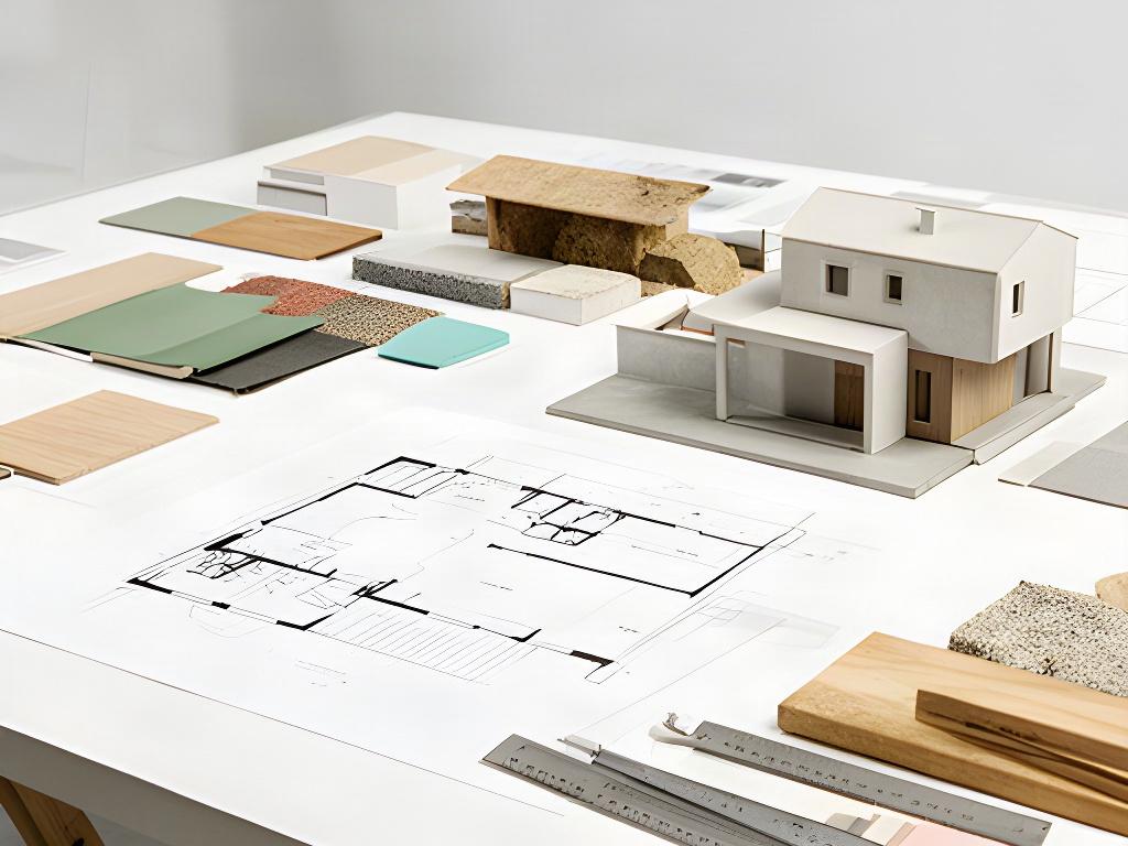 Progetto architettonico di una casa veneta aperto su un tavolo con pianta e materiali