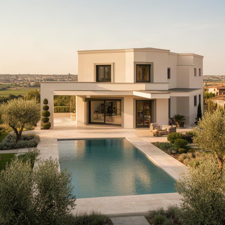 Villa moderna con facciata chiara, piscina e terrazza a Villafranca di Verona