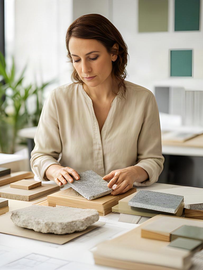 Architetta che osserva campioni di materiali naturali in uno studio luminoso di progettazione