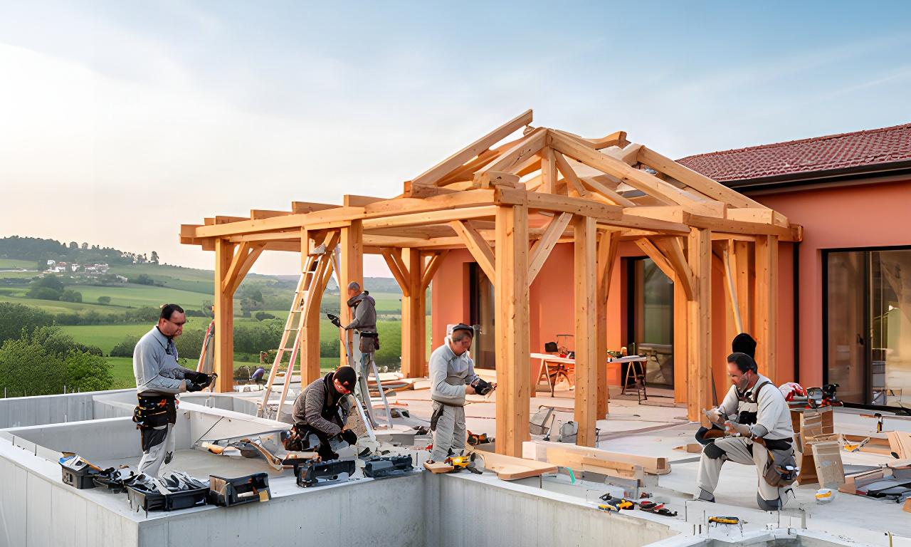 Cantiere di una casa contemporanea nel Veneto con artigiani al lavoro e strutture in legno