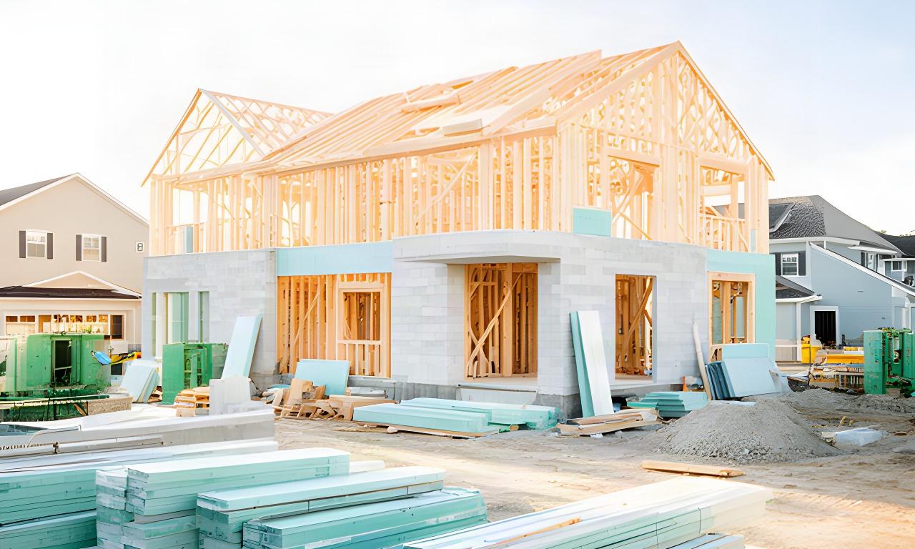 Cantiere residenziale luminoso con una casa in costruzione e materiali ordinati