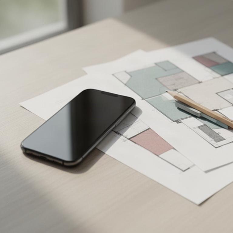 Telefono su un tavolo accanto a planimetrie architettoniche