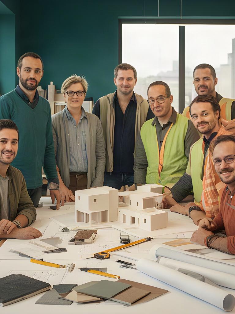 Team di architetti, geometri e artigiani riunito in uno studio di progettazione a Villafranca di Verona