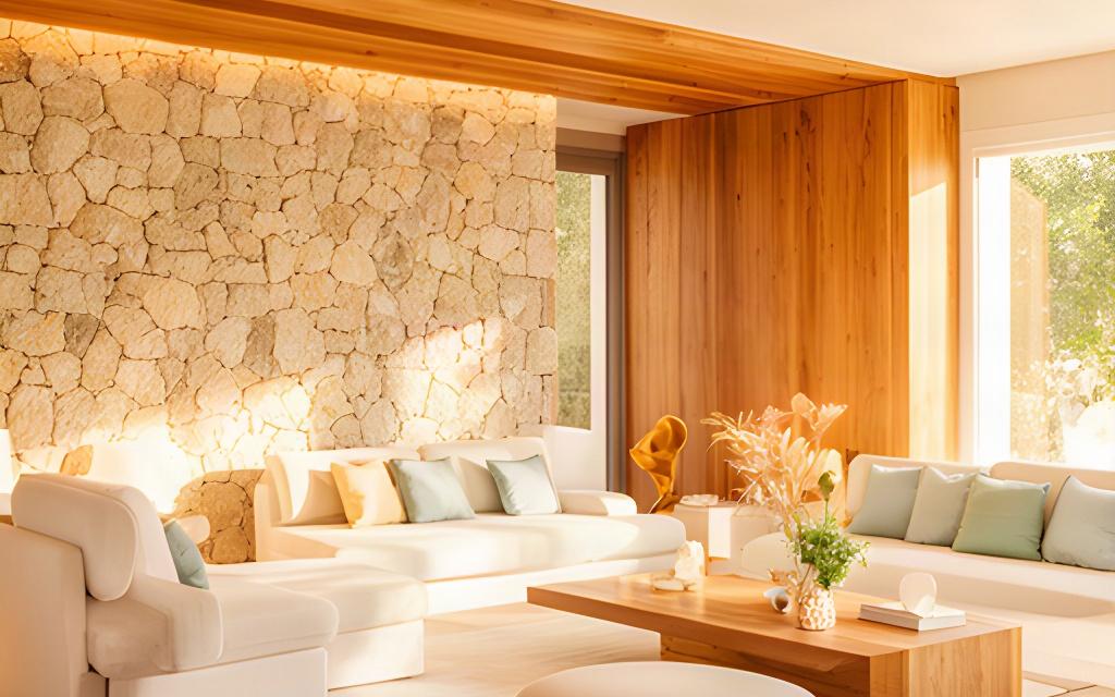 Soggiorno luminoso di una villa moderna ristrutturata con legno e pietra