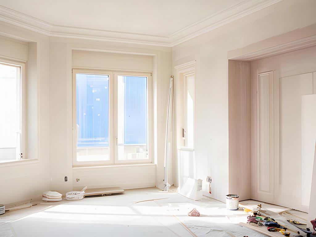 Interno di una casa in ristrutturazione con pareti chiare e grandi finestre