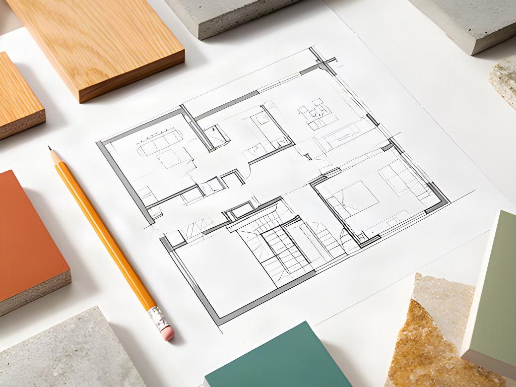 Planimetria di una casa moderna con campioni di materiali e matita