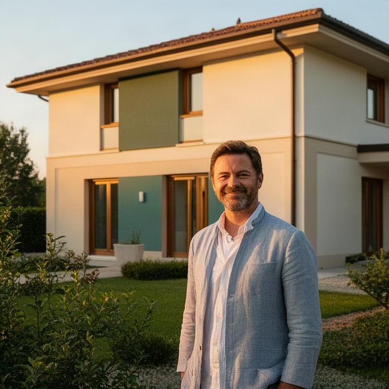 Cliente davanti alla facciata finita di una casa ristrutturata nel veronese
