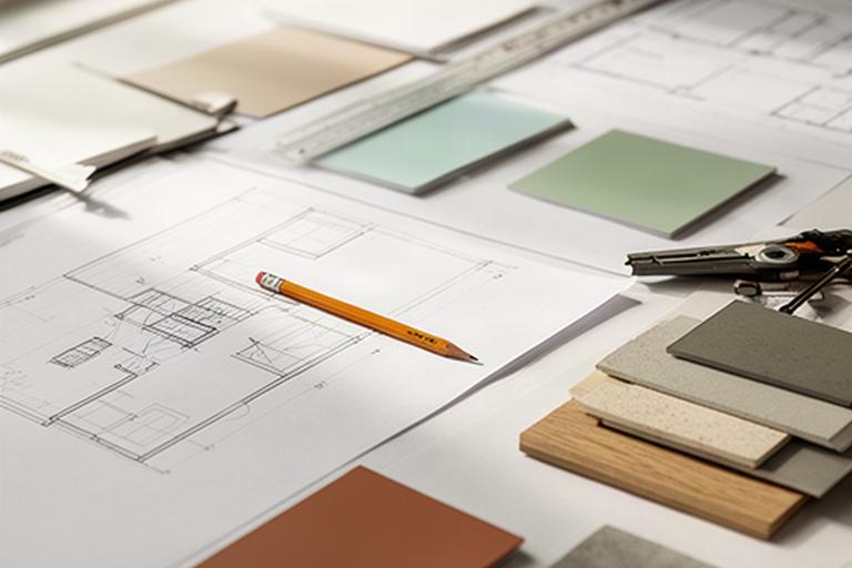 Tavolo con disegni tecnici, campioni di finiture e matita durante la progettazione di una casa