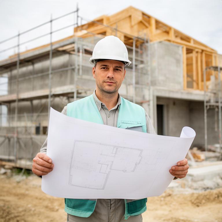 Responsabile di cantiere con planimetria davanti a una casa in ristrutturazione nel Veneto