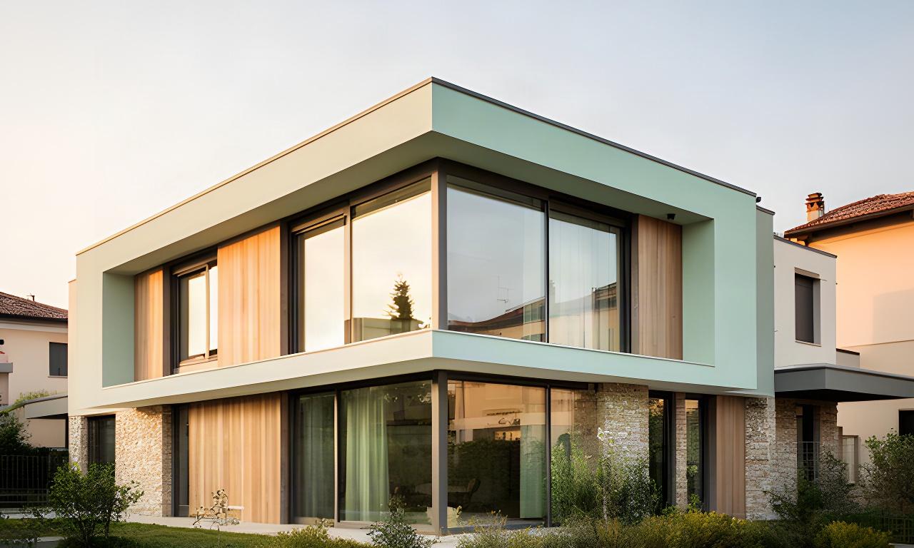 Dettaglio di una casa contemporanea con grandi finestre e materiali naturali a Villafranca di Verona