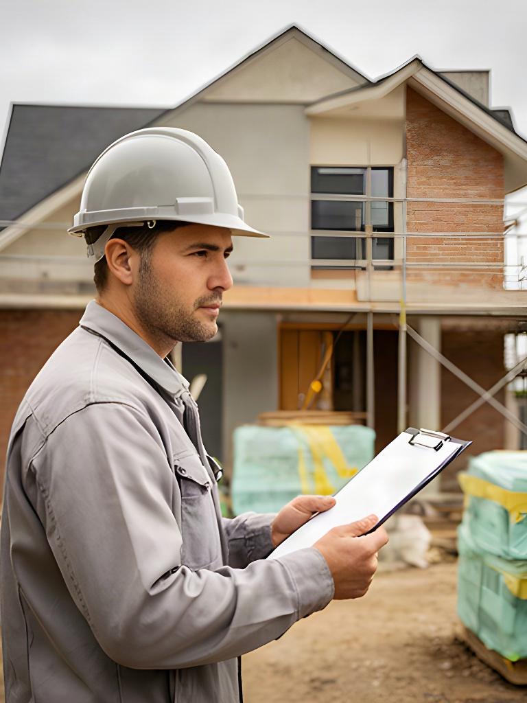 Cantiere di una casa con ponteggi, muratura e tecnico con casco