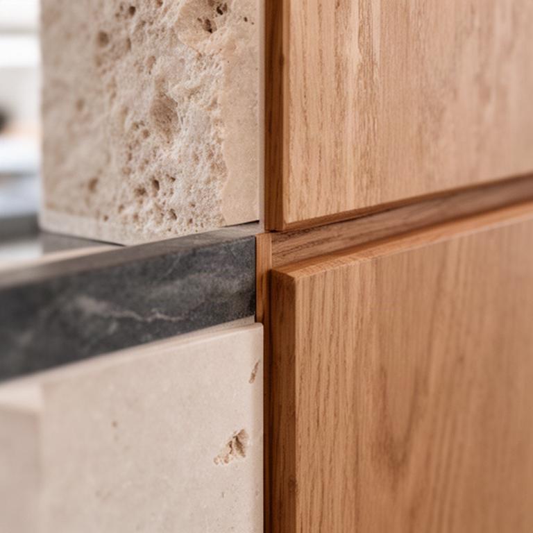 Dettaglio di una finitura artigianale in pietra e legno dentro una casa ristrutturata