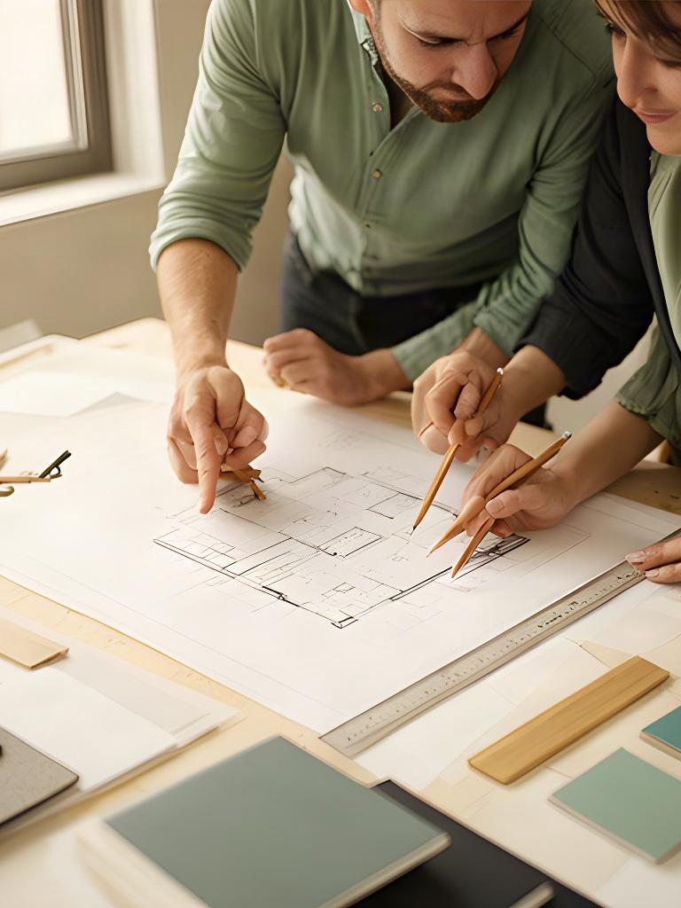 Professionista e cliente esaminano i disegni di una casa su un tavolo da lavoro