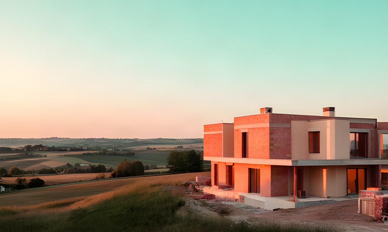 Casa contemporanea in costruzione al tramonto nella campagna di Villafranca di Verona