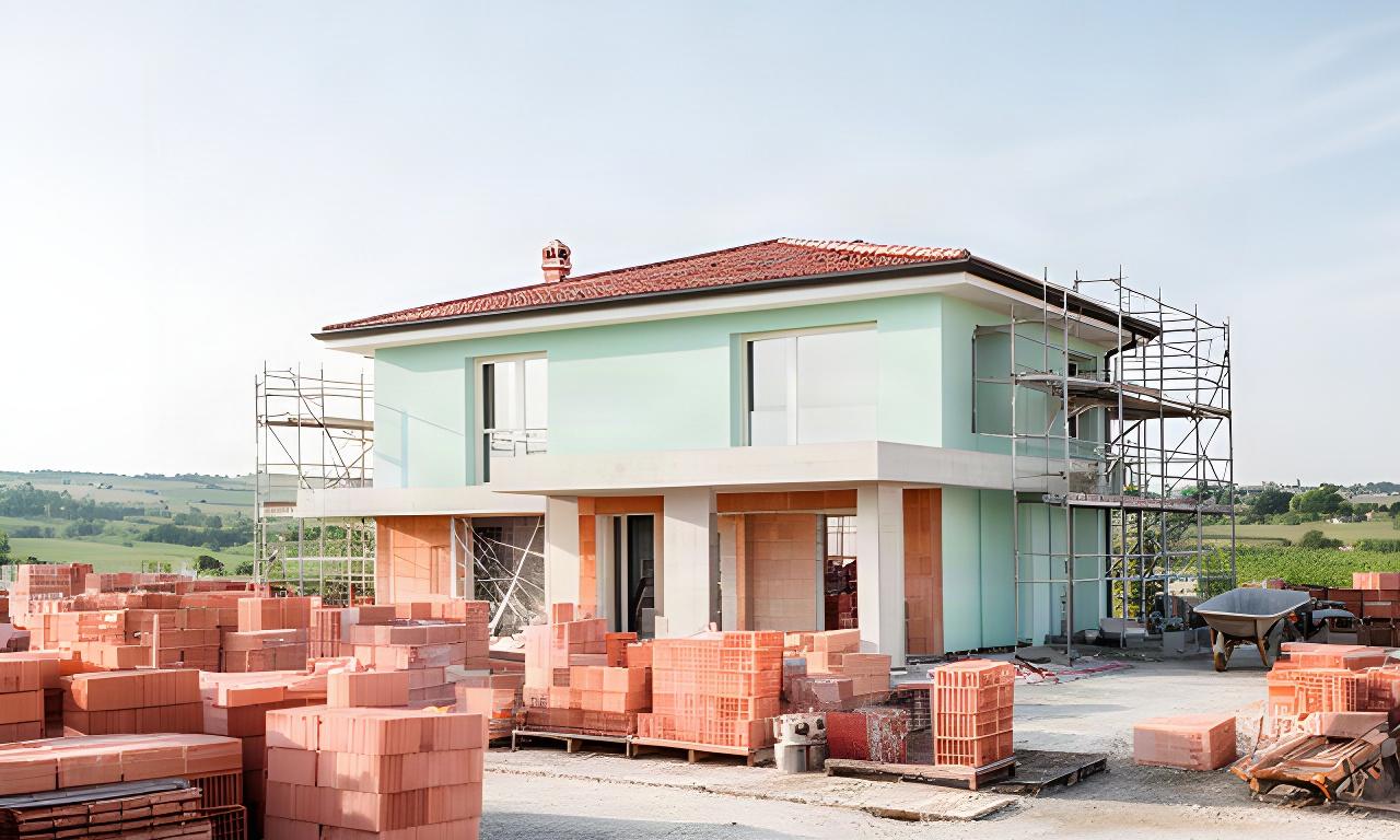 Cantiere residenziale nel veronese con facciata in costruzione e materiali ordinati