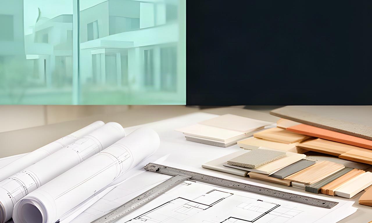 Cantiere residenziale ordinato con planimetrie e materiali da costruzione su un tavolo tecnico