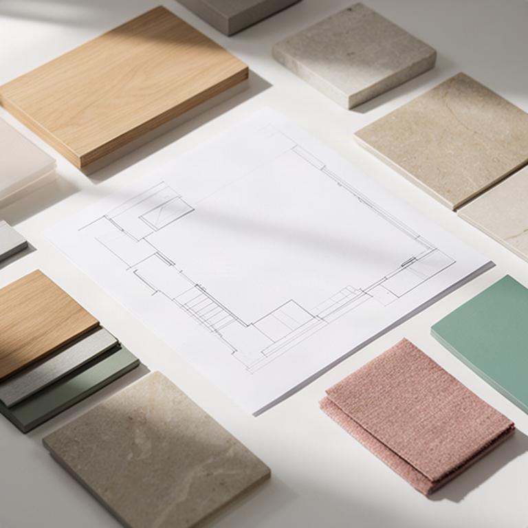 Progetto architettonico di una casa contemporanea aperto accanto a campioni di finitura