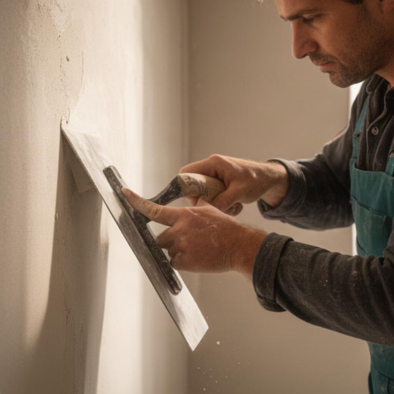 Muratore specializzato che rifinisce una parete interna con strumenti tradizionali