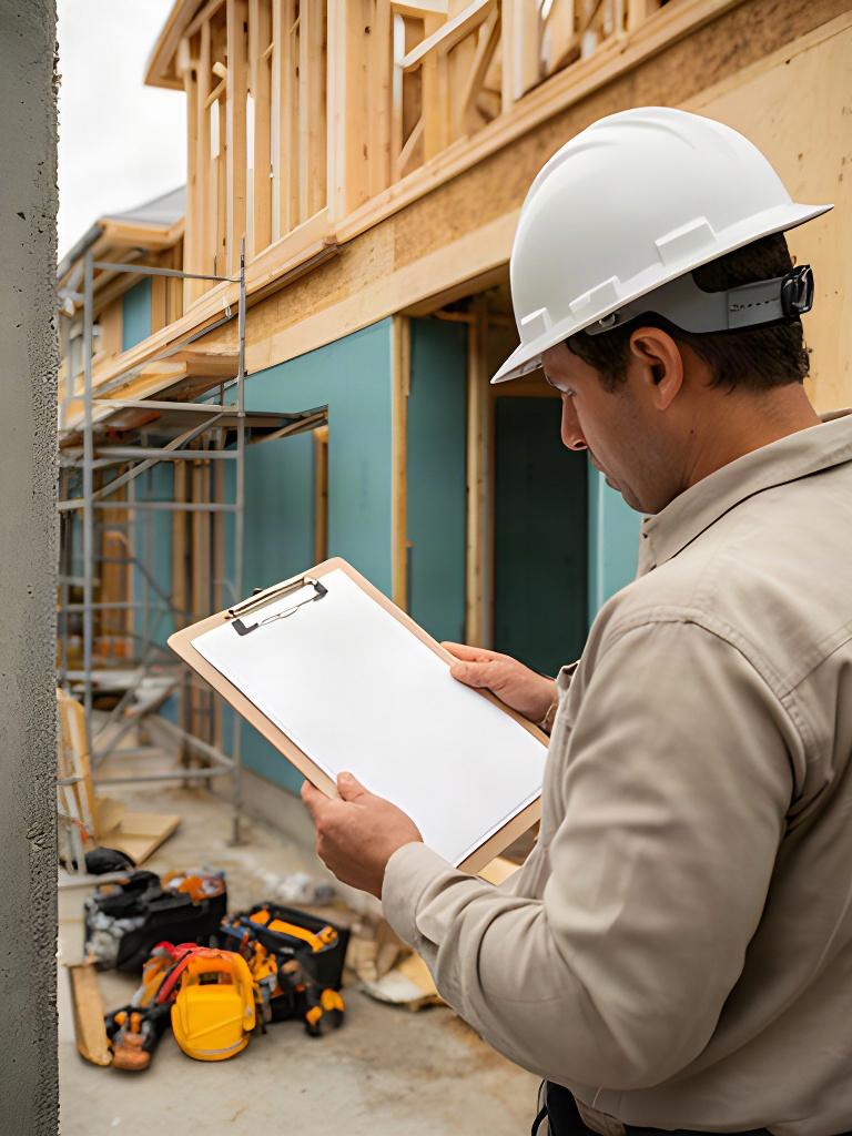 Direttore dei lavori che consulta i documenti di un cantiere per una casa in costruzione