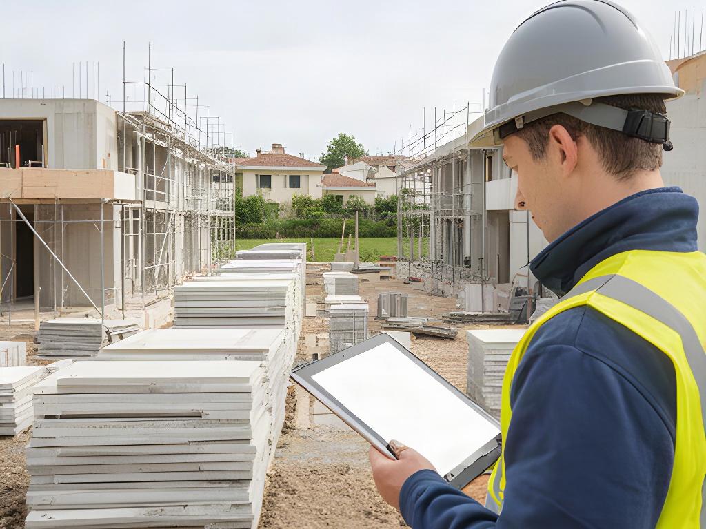 Geometra con casco che controlla l'avanzamento di un cantiere residenziale ordinato