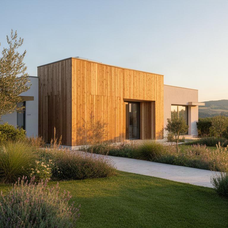 Facciata di abitazione efficiente con rivestimento in legno e giardino nel paesaggio veneto