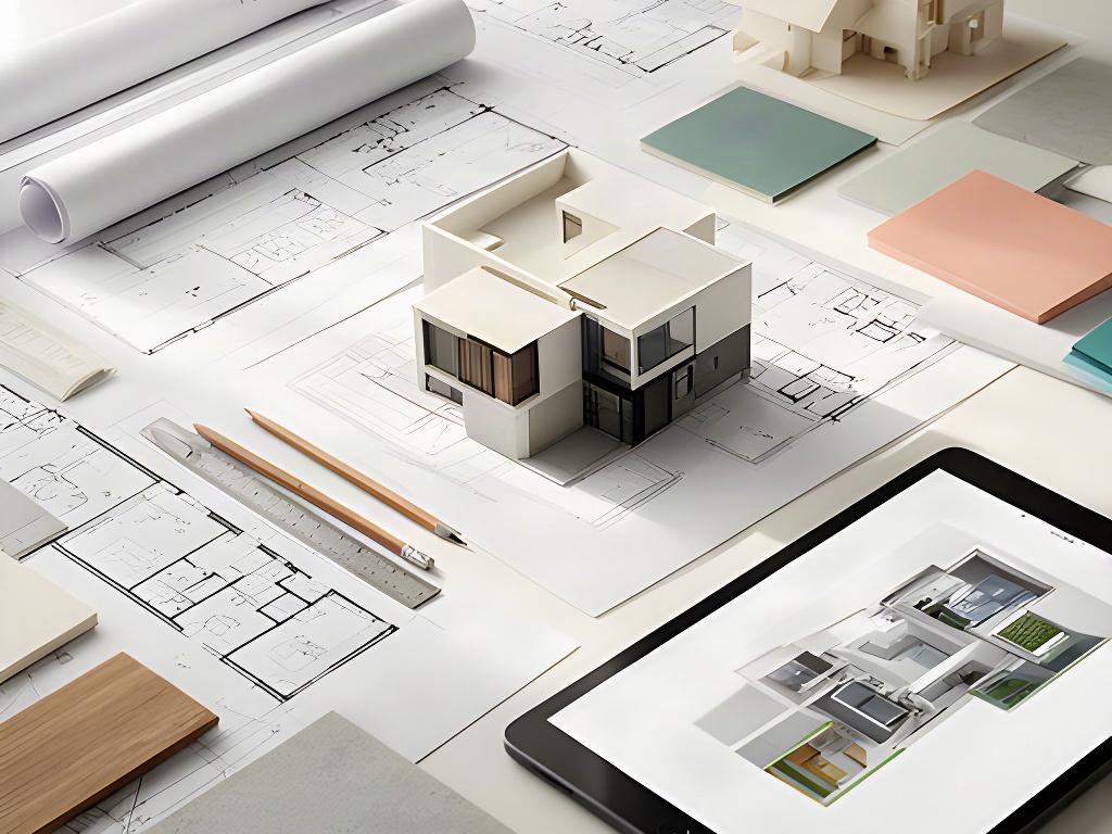 Planimetria architettonica con campioni di materiali e rendering di una casa moderna