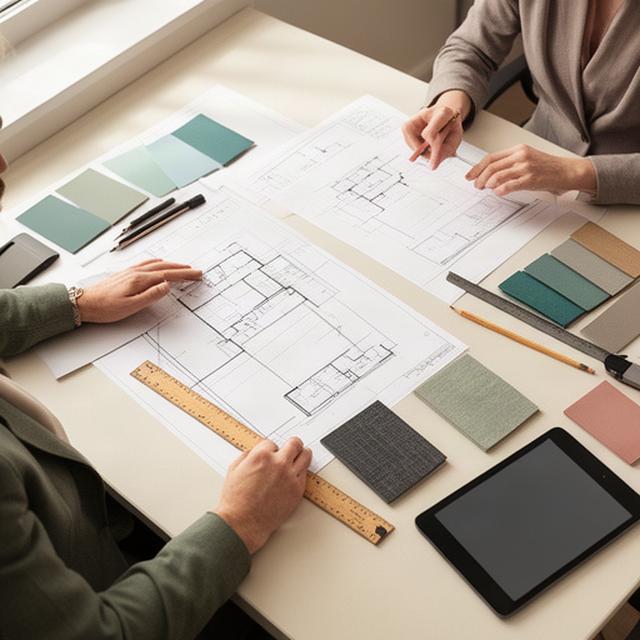 Professionista che esamina planimetrie immobiliari su un tavolo da lavoro